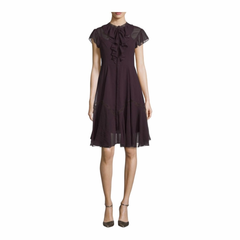 Needle & Thread Victorian Ruffle Midi Dress Plum Purple Lace Flutter Sleeve Sz 6